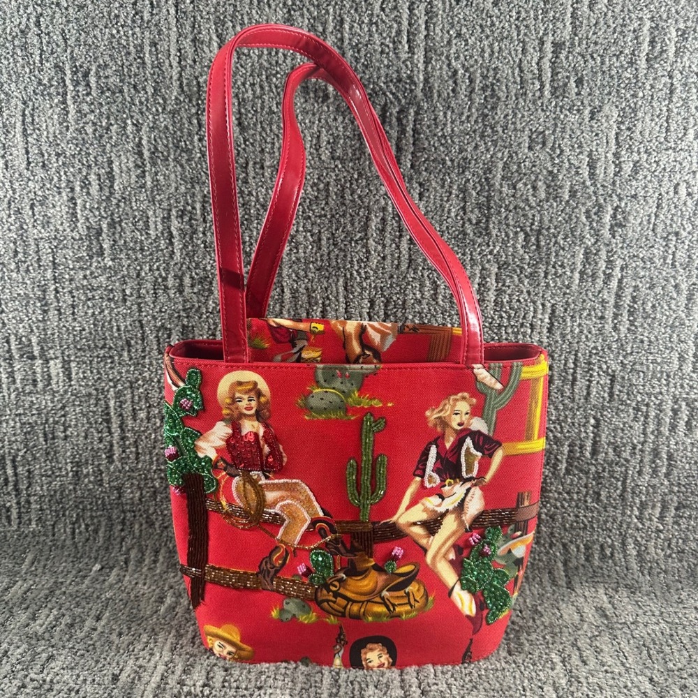Cowgirl Pin Up Tote Bag Women OS Red Beaded Sequin Retro Western Kitsch Novelty